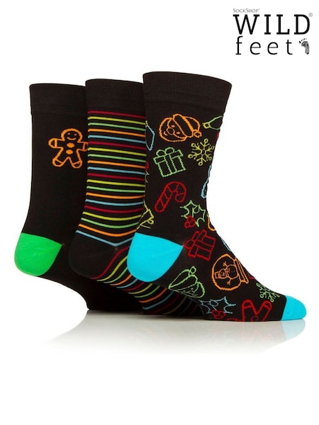 Wild Feet Black Neon Christmas Cookie Socks 3 Pack (V12972) | AED70