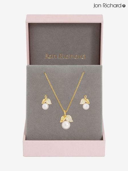 Jon Richard Metallic Rhodium Plated and Cubic Zirconia Pearl and Leaf Set - Gift Box (V13547) | €18.50