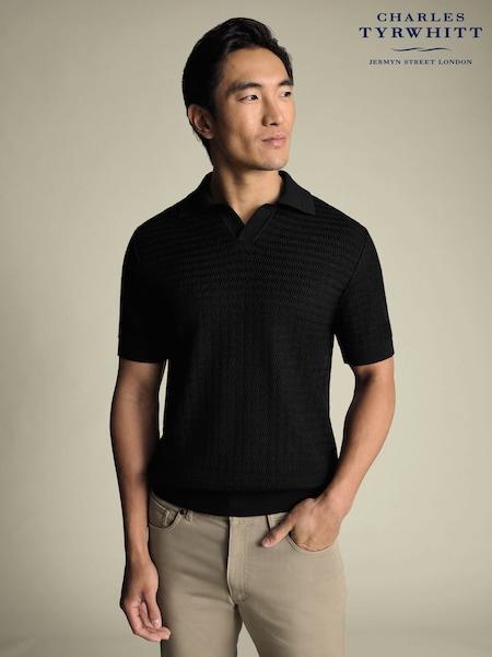 Charles Tyrwhitt Black Zig Zag Short Sleeve Knitted Cotton Trophy Neck Polo Shirt (V13638) | 346 QAR