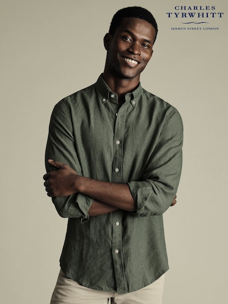 Charles Tyrwhitt Green Button Down Pure Linen Slim Fit Shirt (V13644) | €106