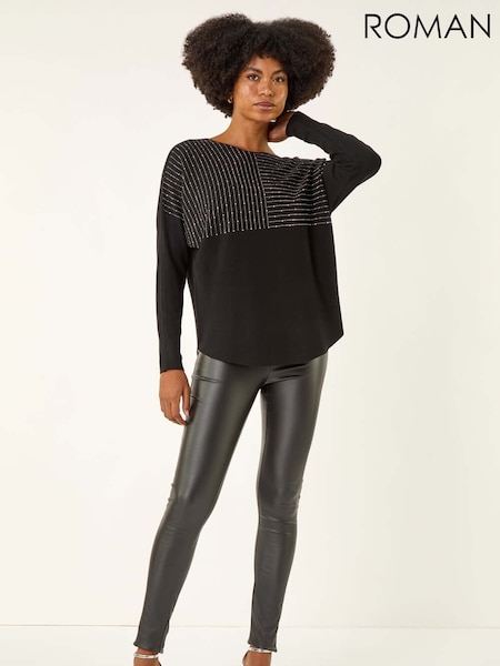 Preto - Roman Embellished Stripe Knit Jumper (V13748) | R$ 485