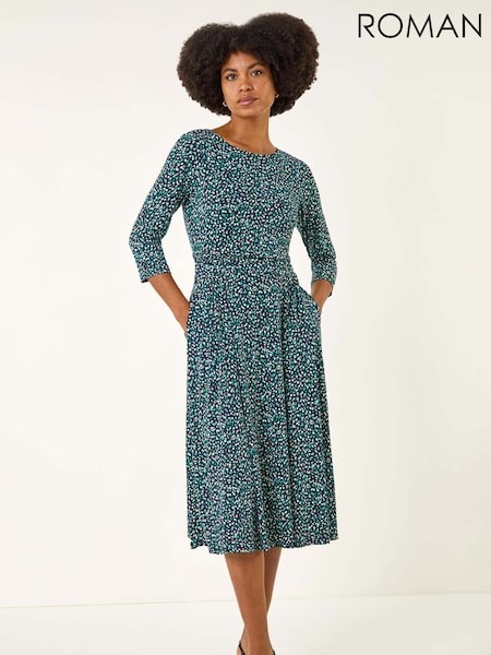 Roman Green Abstract Print Gathered Stretch Midi Dress (V13757) | €73