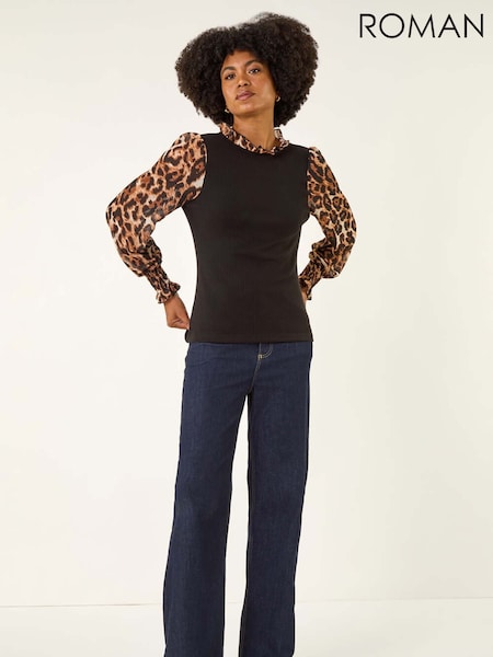 Roman Black High Neck Chiffon Sleeve T-Shirt (V13759) | €53
