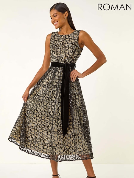 Roman Black Lace Overlay Bow Detail Midi Dress (V13762) | €106