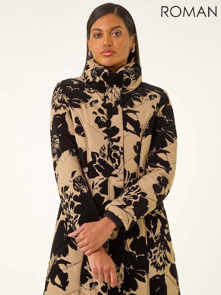 Roman Brown Floral Flock Detail Padded Coat (V13765) | €127