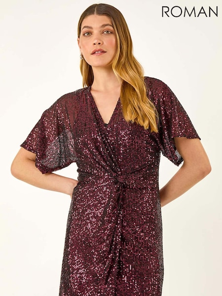 Roman Red Sequin Twist Front Stretch Dress (V13769) | €103
