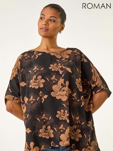 Roman Orange Floral Buttoned Back Tunic Top (V13770) | €42
