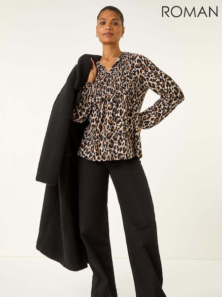 Roman Brown Animal Print Shirred Tie Neck Blouse (V13772) | €57