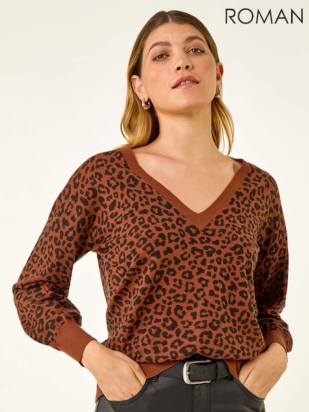 Roman Brown Animal Print V-Neck Boyfriend Jumper (V13773) | €42