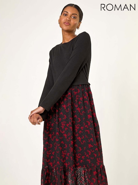 Roman Black 2 in 1 Abstract Print Stretch Midi Dress (V13779) | R$ 605