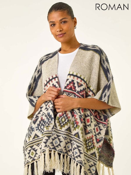 Roman Natural Jacquard Tassel Trim Poncho (V13781) | €63