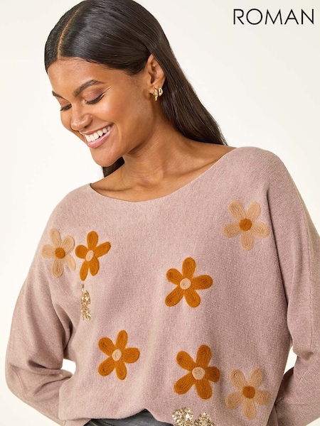 Roman Brown Floral Sequin Embroidery Knit Jumper (V13802) | €53
