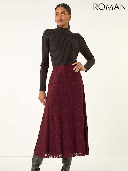 Roman Red Floral Textured A-Line Skirt (V13805) | €56