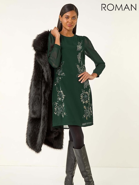 Roman Green Premium Beaded Shift Midi Dress (V13807) | R$ 970