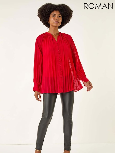 Roman Red V-Neck Pleated Blouse (V13817) | €74