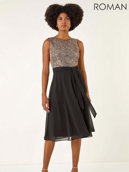 Roman Metallic Sequin Bodice Belted Chiffon Dress (V13825) | €86
