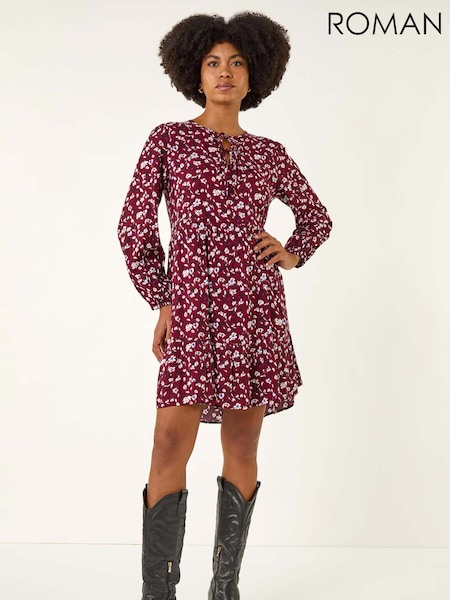 Roman Red Floral Tie Front Smock Dress (V13830) | €58