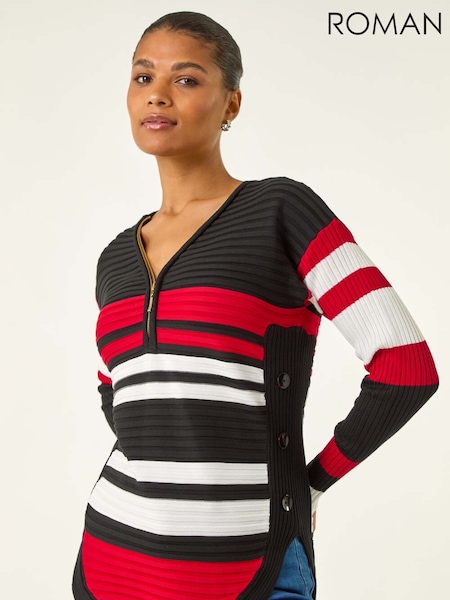 Roman Black Stripe Zip Front Ribbed Knit Jumper (V13831) | 297 QAR