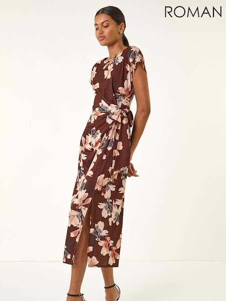 Roman Brown Floral Twist Stretch Dress (V13837) | 402 QAR