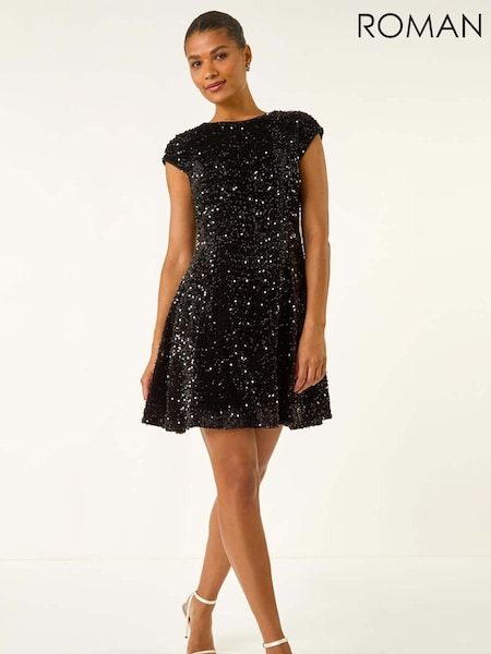 Roman Black Sequin Bow Back Flare Dress (V13838) | €90