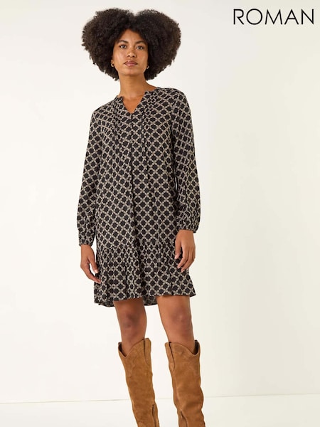 Roman Black Geo Print Pintuck Smock Dress (V13844) | €60
