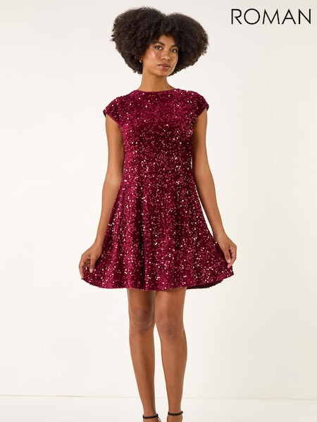 Roman Red Sequin Bow Back Flare Dress (V13845) | €86
