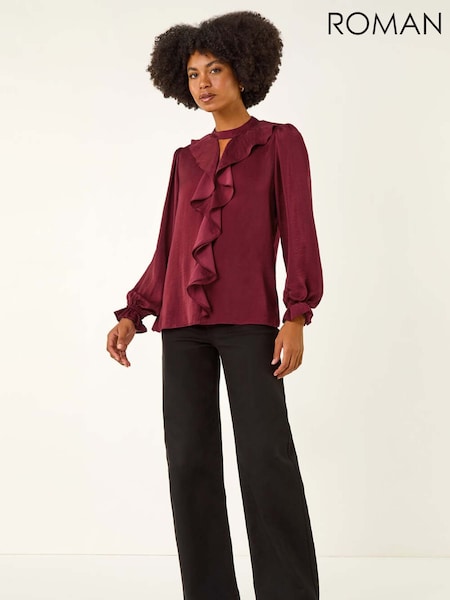 Roman Red Ruffle Front Keyhole Satin Blouse (V13847) | €56