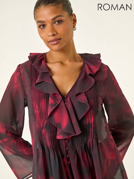 Roman Red Printed Frill Front Blouse (V13850) | €56