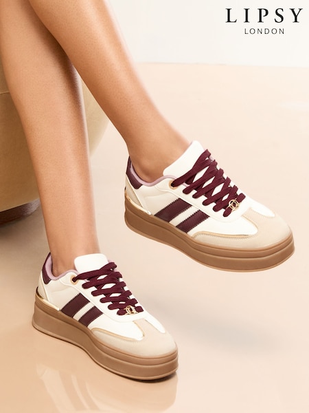 Lipsy Wide Fit White and Burgundy Chunky Gum Sole Sports Trainers (V13869) | 79 €