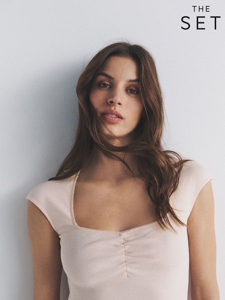 The Set 3 Pack Square Neck Rouched Lace Trim Detail T-Shirt Chocolate Brown/Pink/White (V14444) | €29