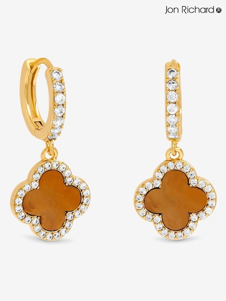 Jon Richard Gold Plated and Tigers Eye Clover Huggie Earrings (V14584) | AED116