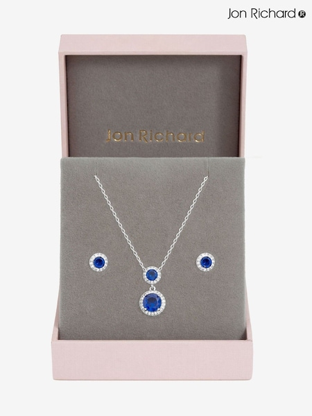 Jon Richard Silver Rhodium Plated and Cubic Zirconia Double Halo Sapphire Drop Set Gift Box (V14590) | R$ 245