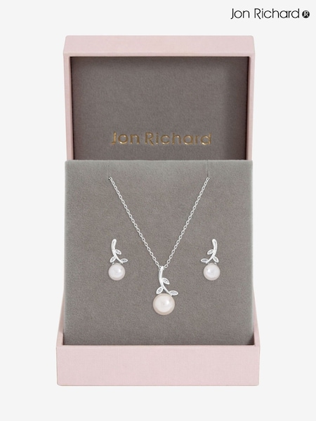 Jon Richard Silver Rhodium Plated Crystal Leaf and Pearl Drop Set - Gift Box (V14642) | €40