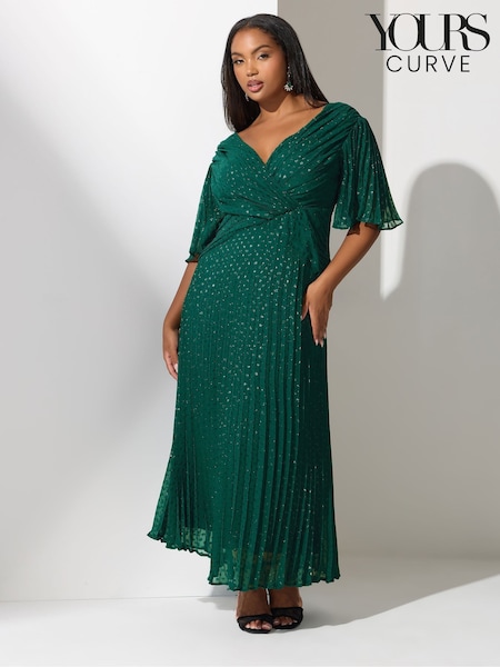 Yours Curve Green London Metallic Pleated Wrap Dress (V14742) | AED390
