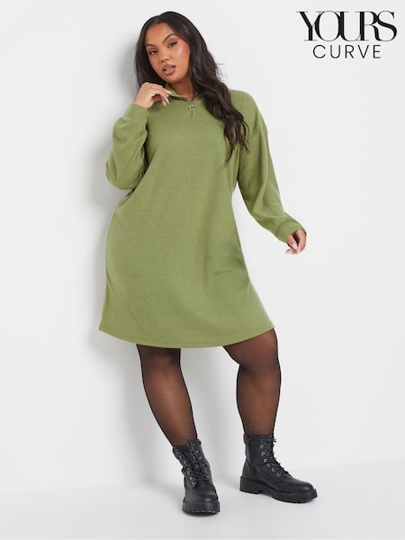 Yours Curve Green Ribbed Soft Zip Neck Jumper Dress (V14758) | €43