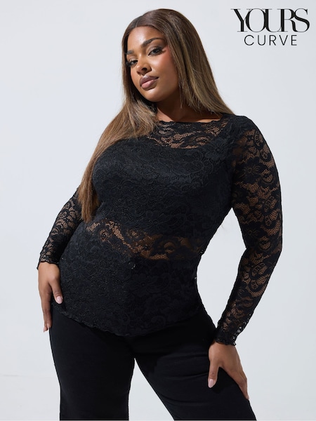 Yours Curve Black Limited Long Sleeve Lace Top (V14762) | 134 QAR