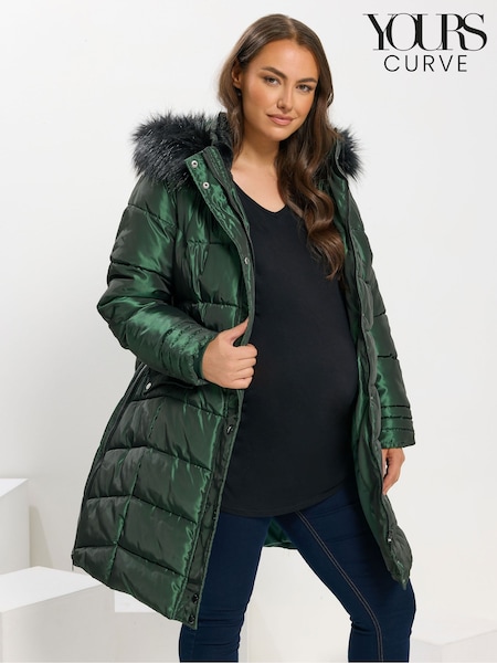 Yours Curve Green Maternity Panelled Midi Puffer Coat (V14763) | €106