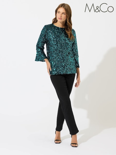 M&Co Green Sequin Long Flute Sleeve Top (V14777) | €66
