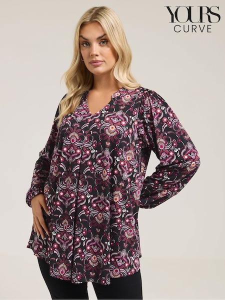 Yours Curve Coal Black Notch Neck Pleated Front Top (V14780) | €36
