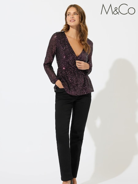 rdeča - M&Co Sequin Wrap Long Sleeve Top (V14787) | € 57