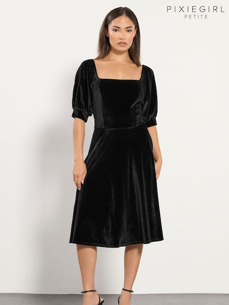 PixieGirl Petite Black Velour Fit And Flare Dress (V14816) | €46