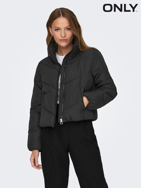 ONLY Black Zip Through Short Puffer Jacket (V15014) | €50