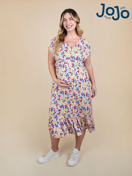 JoJo Maman Bébé Multi Coloured Floral Puff Sleeve Button Through Tie Waist Maternity Tea Dress (V15531) | AED288