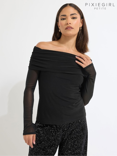 PixieGirl Petite Black Mesh Sleeve Bardot Top (V15793) | €35