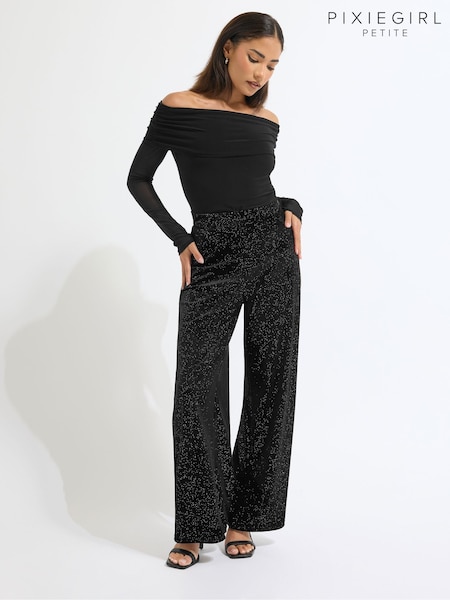 PixieGirl Petite Black Glitter Velour Wide Leg Trousers (V15799) | R$ 335