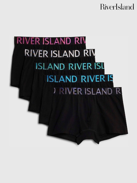 River Island Black Bright Sateen Waist Band Trunks 5 Pack (V15837) | R$ 255