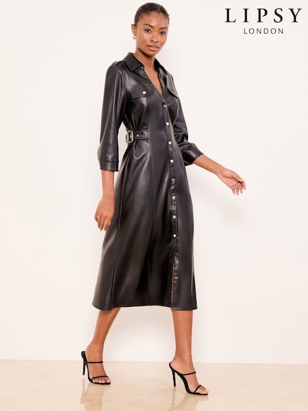 Lipsy Black Faux Leather Buckle Detail Midi Dress (V15920) | €111