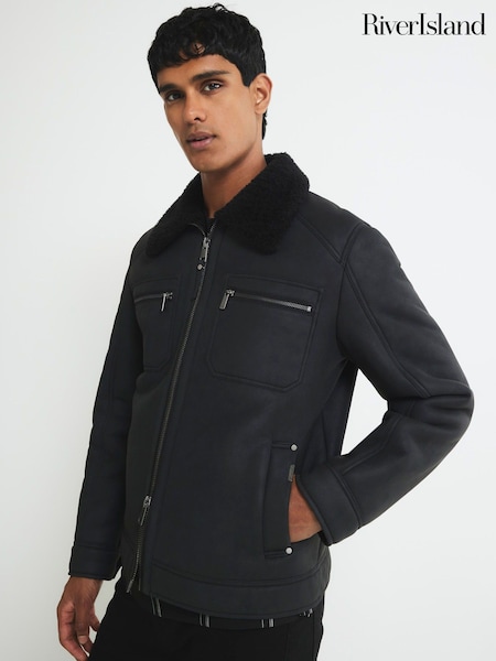 River Island Nubuck Zip-Up Shearling Jacket (V15975) | R$ 910