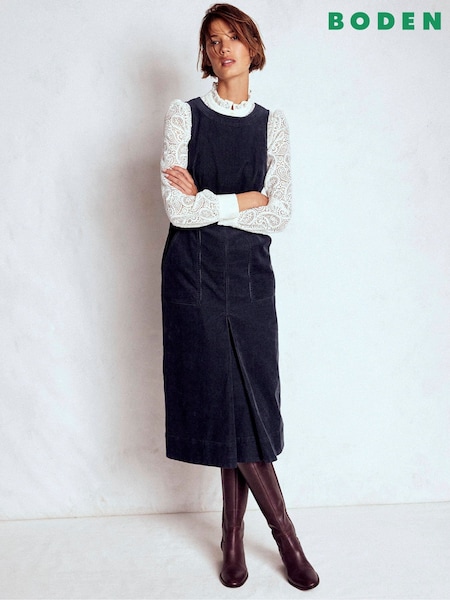 Boden Blue Ula Box Pleat Cord Midi Dress (V16476) | €152