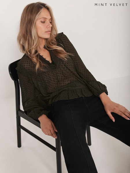 Mint Velvet Green Khaki Jacquard Ruffle Detail Blouse (V16573) | €118